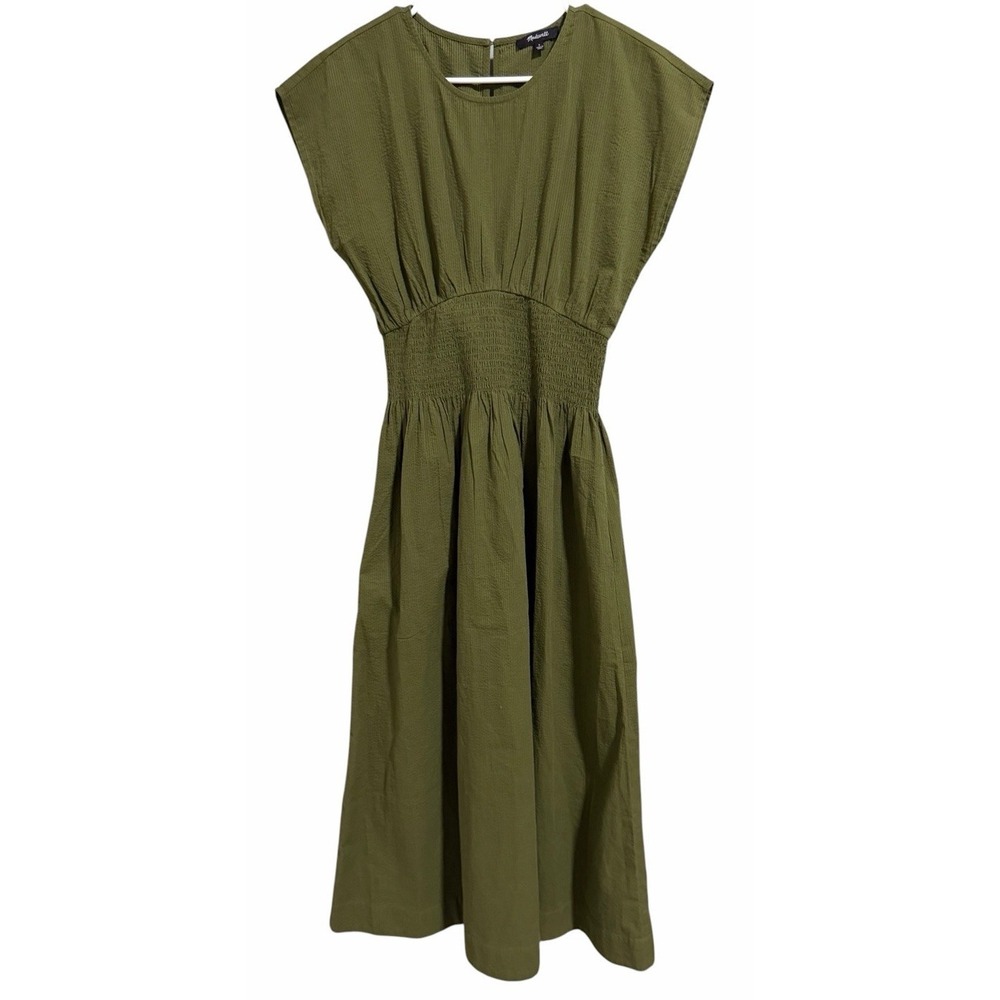 Madewell Stripe Smocked Waist Seersucker Midi Dress Desert Olive Women's Small